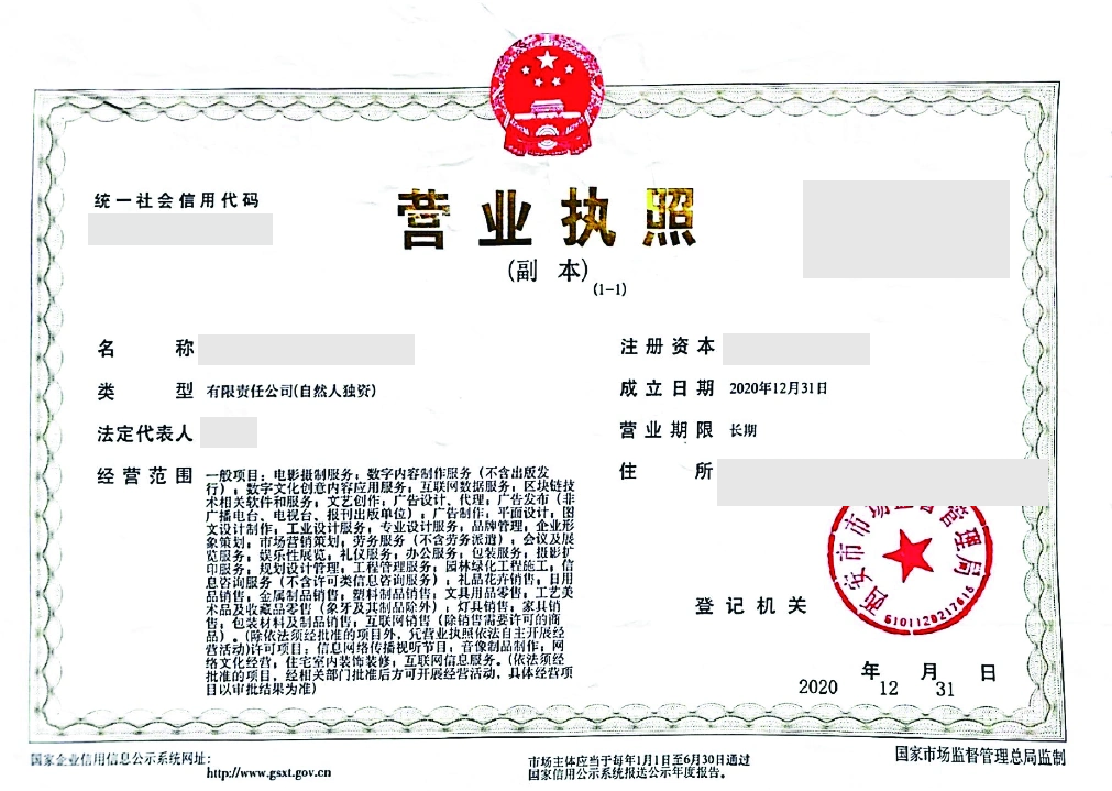 营业执照脱敏展示图